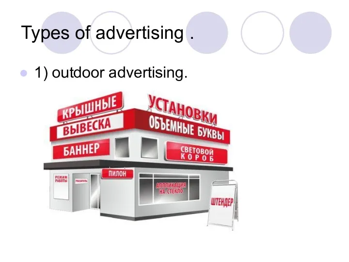 Types of advertising . 1) outdoor advertising.