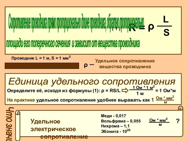 Сопротивление проводника прямо пропорционально длине проводника, обратно пропорционально площади его