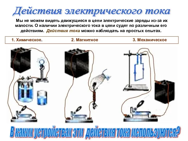 Действия электрического тока Мы не можем видеть движущиеся в цепи