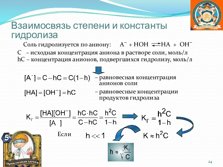 Взаимосвязь степени и константы гидролиза Соль гидролизуется по аниону: А−