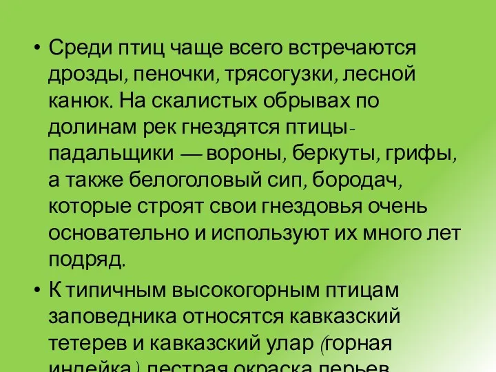 Среди птиц чаще всего встречаются дрозды, пеночки, трясогузки, лесной канюк.