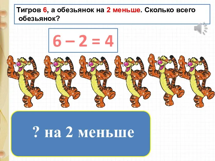 Тигров 6, а обезьянок на 2 меньше. Сколько всего обезьянок?