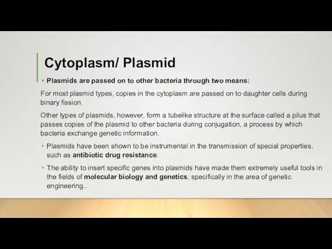 Cytoplasm/ Plasmid Plasmids are passed on to other bacteria through