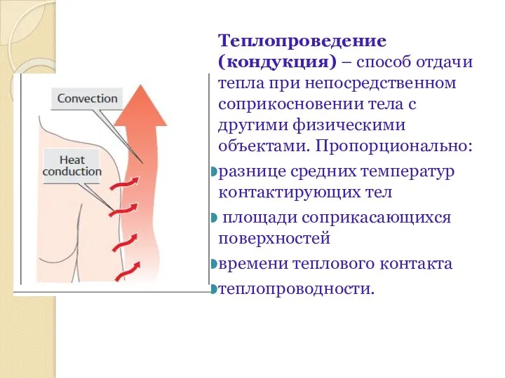 Теплопроведение (кондукция) – способ отдачи тепла при непосредственном соприкосновении тела с другими физическими