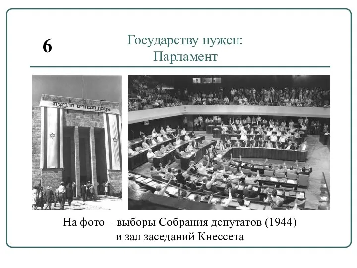 Государству нужен: Парламент На фото – выборы Собрания депутатов (1944) и зал заседаний Кнессета 6