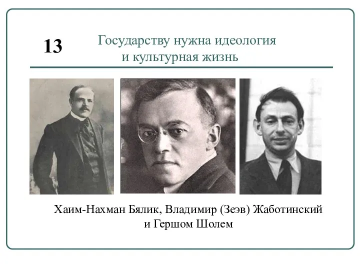 Государству нужна идеология и культурная жизнь Хаим-Нахман Бялик, Владимир (Зеэв) Жаботинский и Гершом Шолем 13