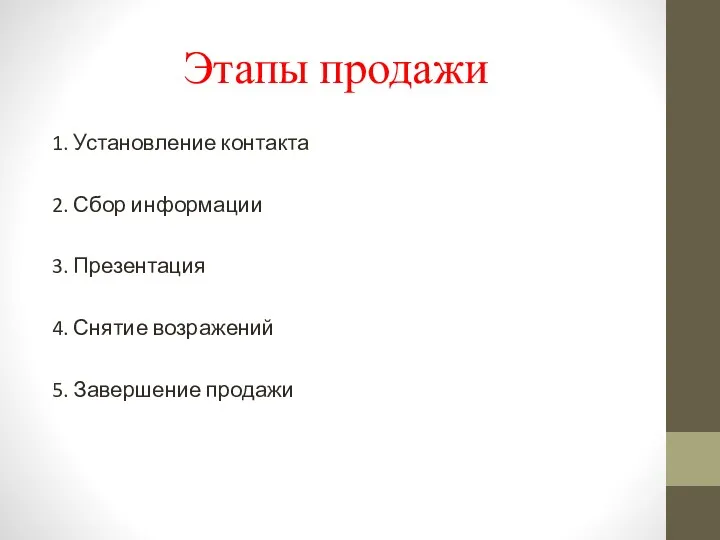 Этапы продажи 1. Установление контакта 2. Сбор информации 3. Презентация 4. Снятие возражений 5. Завершение продажи