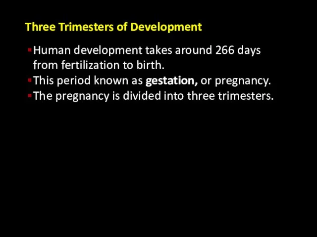 Three Trimesters of Development Human development takes around 266 days