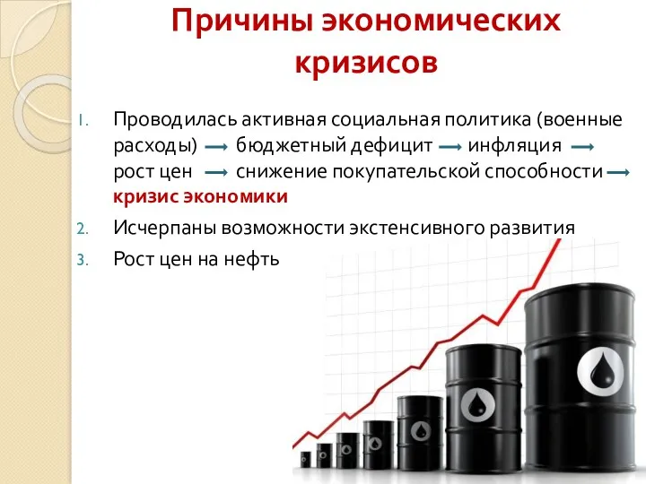 Причины экономических кризисов Проводилась активная социальная политика (военные расходы) бюджетный