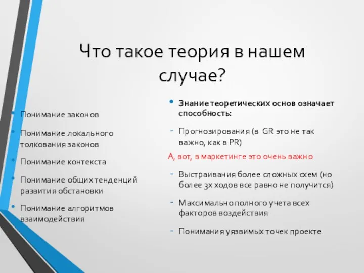 Что такое теория в нашем случае? Понимание законов Понимание локального толкования законов Понимание