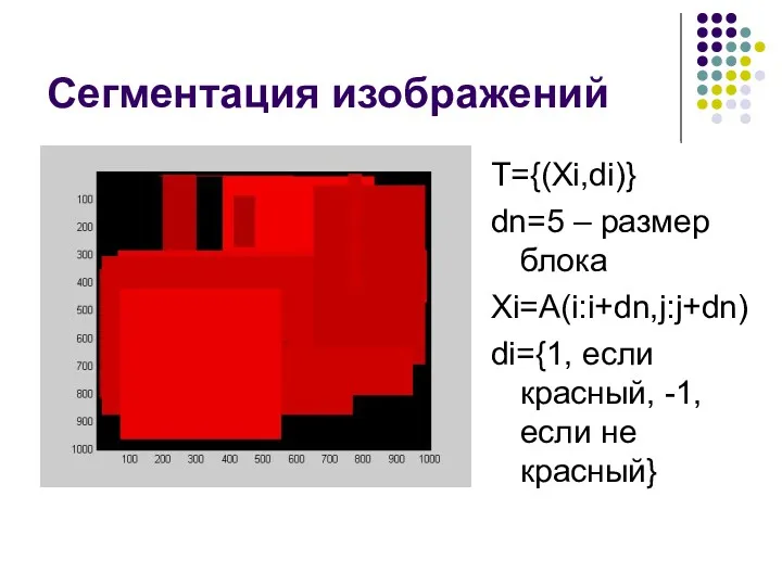 Сегментация изображений T={(Xi,di)} dn=5 – размер блока Xi=A(i:i+dn,j:j+dn) di={1, если красный, -1, если не красный}