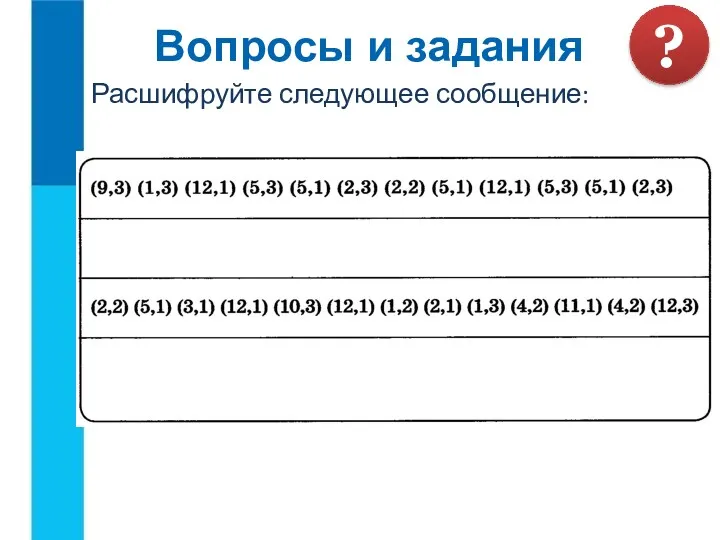 Расшифруйте следующее сообщение: Вопросы и задания ?