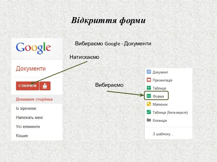 Відкриття форми Вибираємо Google - Документи Натискаємо Вибираємо