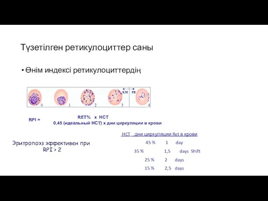 Түзетілген ретикулоциттер саны Өнім индексі ретикулоциттердің RPI = RET% x HCT 0,45 (идеальный