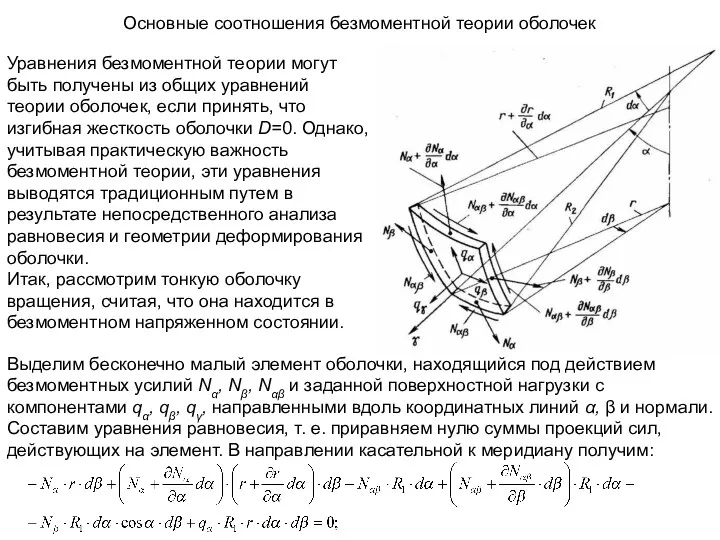 Основные соотношения безмоментной теории оболочек Уравнения безмоментной теории могут быть