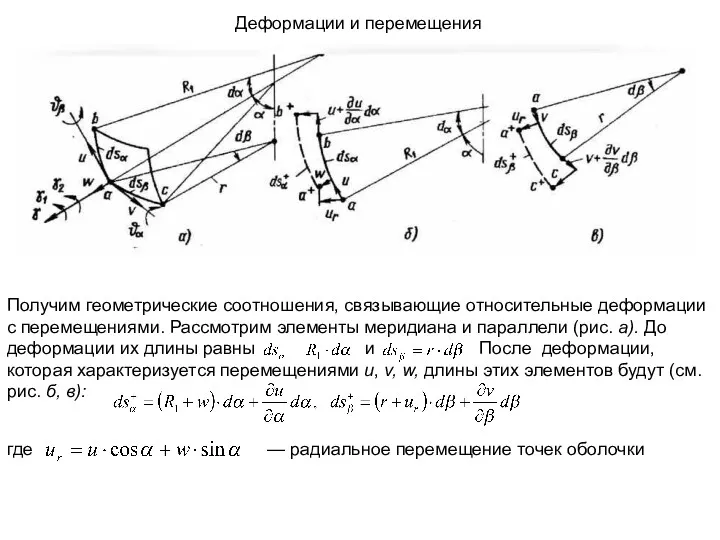 Получим геометрические соотношения, связывающие относительные деформации с перемещениями. Рассмотрим элементы