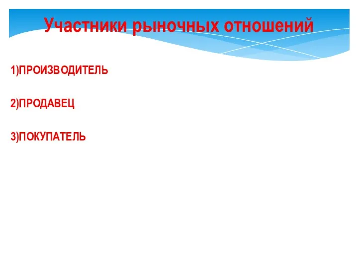 1)ПРОИЗВОДИТЕЛЬ 2)ПРОДАВЕЦ 3)ПОКУПАТЕЛЬ Участники рыночных отношений