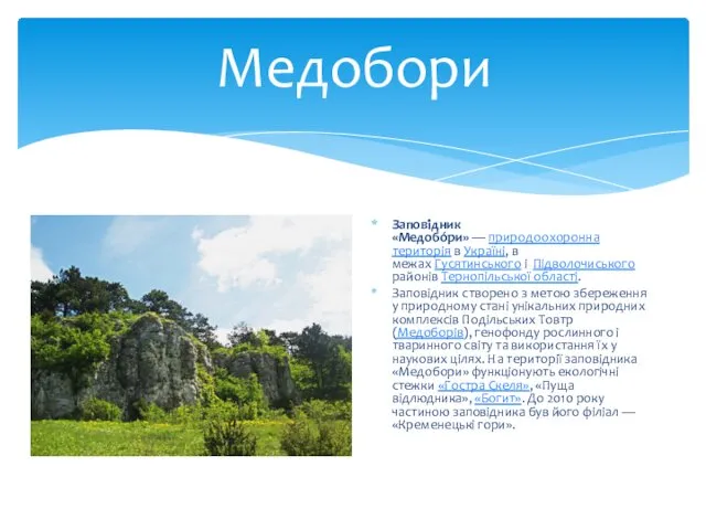 Медобори Запові́дник «Медобо́ри» — природоохоронна територія в Україні, в межах