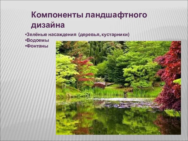 Компоненты ландшафтного дизайна Зелёные насаждения (деревья, кустарники) Водоемы Фонтаны