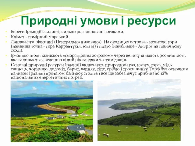 Природні умови і ресурси Береги Ірландії скалисті, сильно розчленовані затоками.