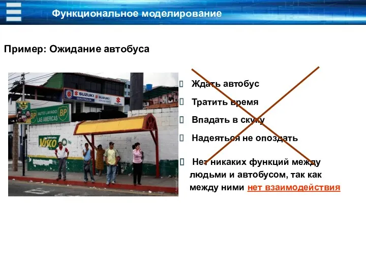 Функциональное моделирование Пример: Ожидание автобуса Нет никаких функций между людьми