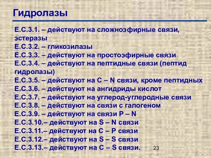 Гидролазы Е.С.3.1. – действуют на сложноэфирные связи, эстеразы Е.С.3.2. –