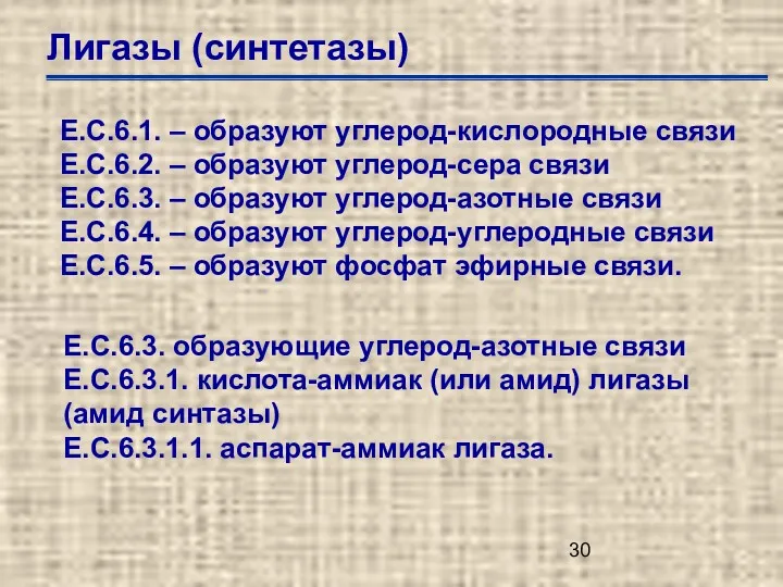 Лигазы (синтетазы) Е.С.6.1. – образуют углерод-кислородные связи Е.С.6.2. – образуют