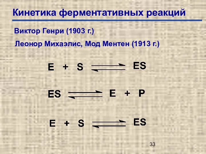 Кинетика ферментативных реакций Виктор Генри (1903 г.) Леонор Михаэлис, Мод Ментен (1913 г.)