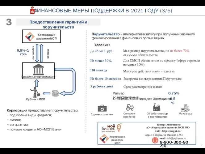 Предоставление гарантий и поручительств Субъект МСП Корпорация предоставляет поручительство: под любые виды кредитов;