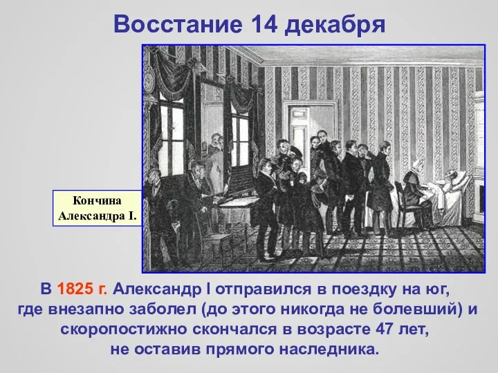 Восстание 14 декабря Кончина Александра I. В 1825 г. Александр