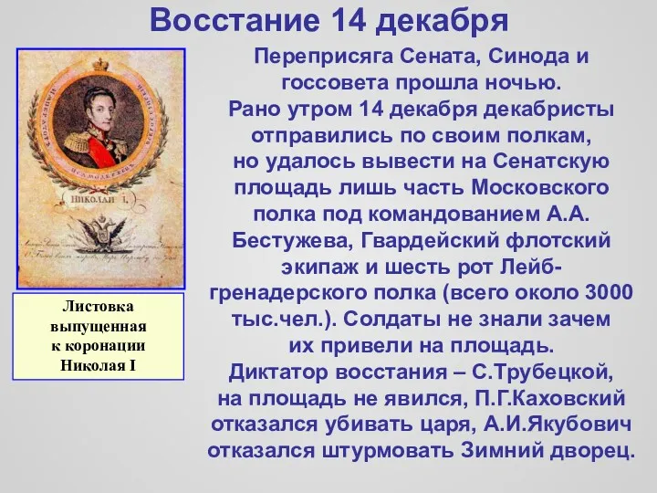 Восстание 14 декабря Переприсяга Сената, Синода и госсовета прошла ночью.