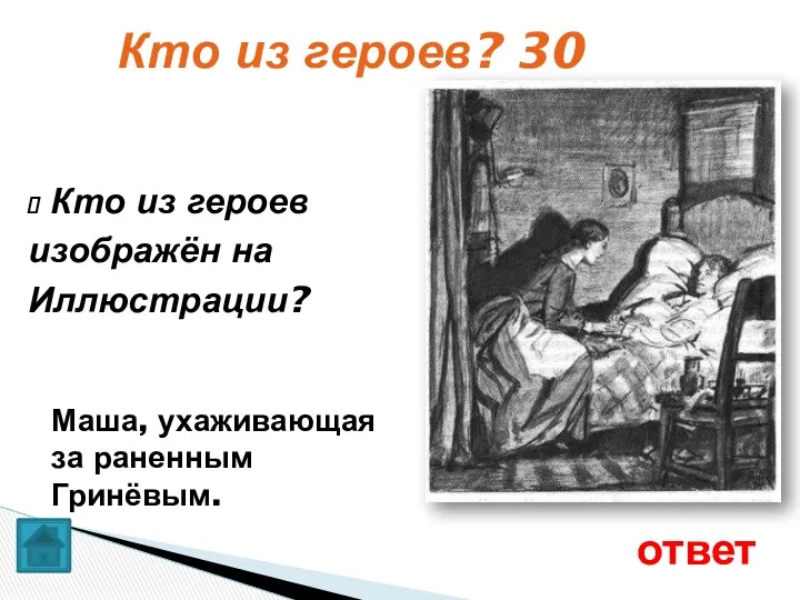 Кто из героев? 30 Маша, ухаживающая за раненным Гринёвым. ответ Кто из героев изображён на Иллюстрации?