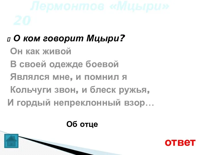 Лермонтов «Мцыри» 20 Об отце ответ О ком говорит Мцыри?