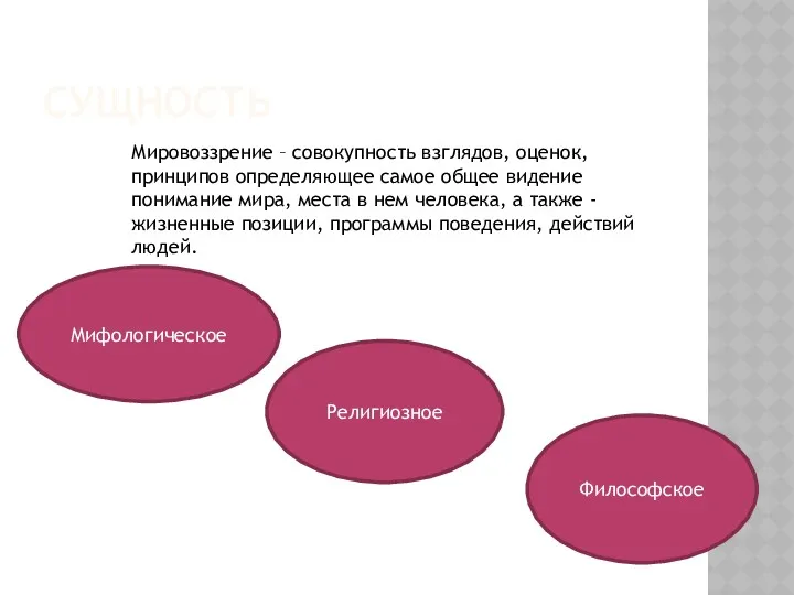 СУЩНОСТЬ Мировоззрение – совокупность взглядов, оценок, принципов определяющее самое общее видение понимание мира,