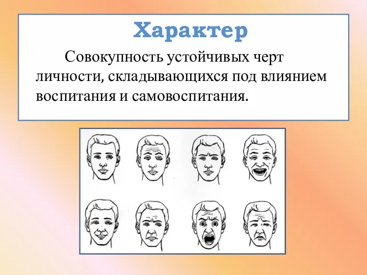 Характер Совокупность устойчивых черт личности, складывающихся под влиянием воспитания и самовоспитания.