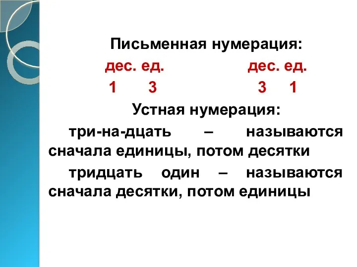 Письменная нумерация: дес. ед. дес. ед. 1 3 3 1