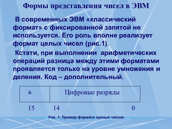 Формы представления чисел в ЭВМ В современных ЭВМ «классический формат»