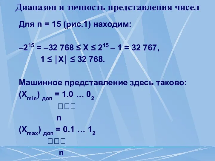 Диапазон и точность представления чисел Для n = 15 (рис.1)