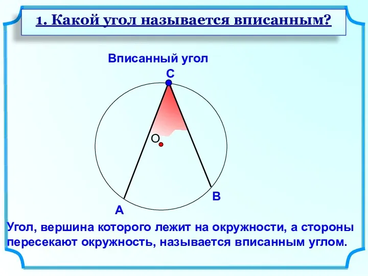 Вписанный угол Угол, вершина которого лежит на окружности, а стороны