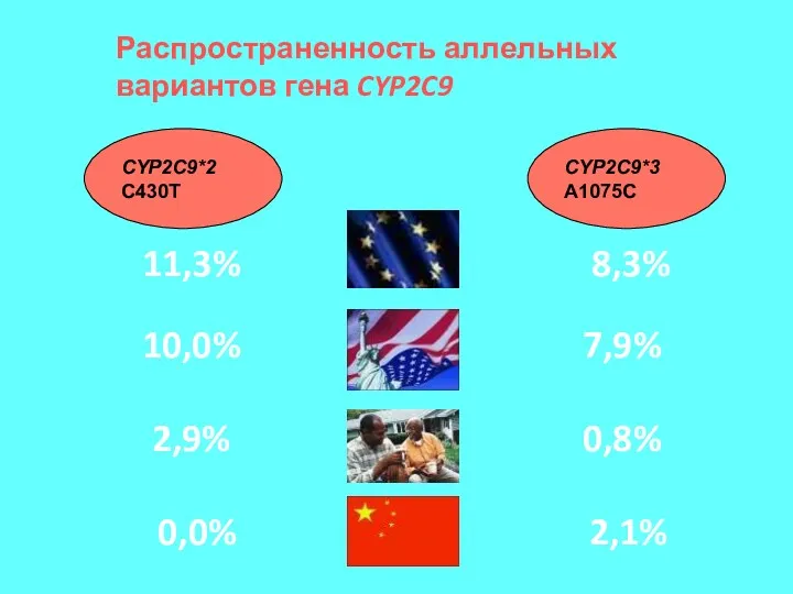 Распространенность аллельных вариантов гена CYP2C9 CYP2C9*2 C430Т CYP2C9*3 А1075С 11,3%