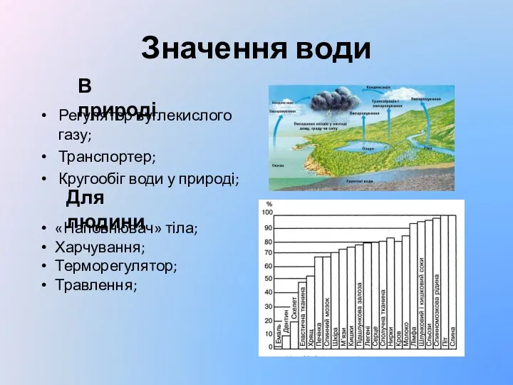 Значення води Регулятор вуглекислого газу; Транспортер; Кругообіг води у природі;