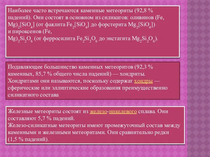 Наиболее часто встречаются каменные метеориты (92,8 % падений). Они состоят