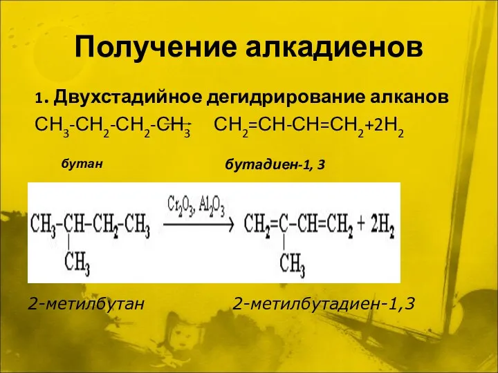 Получение алкадиенов 1. Двухстадийное дегидрирование алканов СН3-СН2-СН2-СН3 СН2=СН-СН=СН2+2Н2 бутан бутадиен-1, 3 2-метилбутан 2-метилбутадиен-1,3