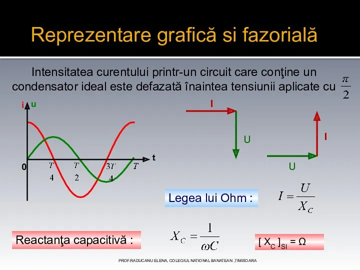 PROF.RADUCANU ELENA, COLEGIUL NATIONAL BANATEAN ,TIMISOARA Reprezentare grafică si fazorială Legea lui Ohm