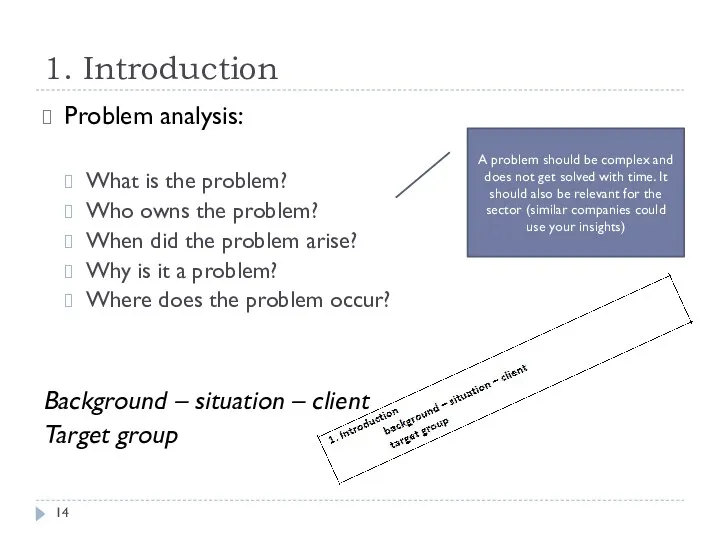 1. Introduction Problem analysis: What is the problem? Who owns the problem? When