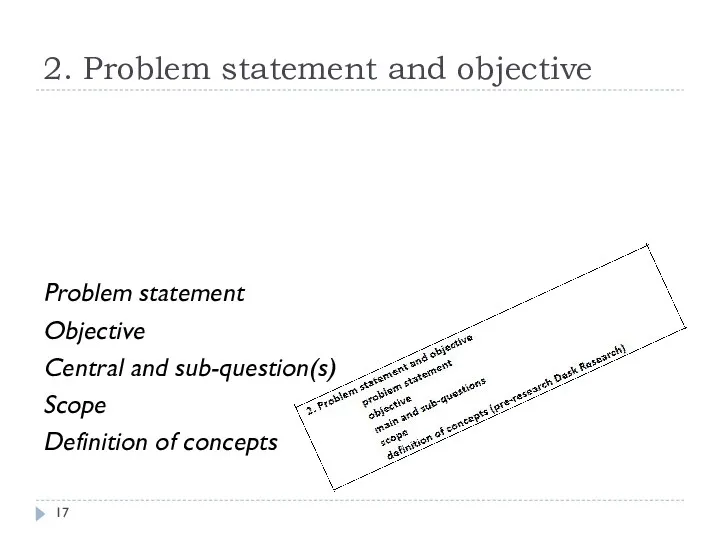 2. Problem statement and objective Problem statement Objective Central and sub-question(s) Scope Definition of concepts
