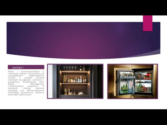 міні-бари – бари з холодильниками у номерах готелю, призначені для цілодобового забезпечення гостей
