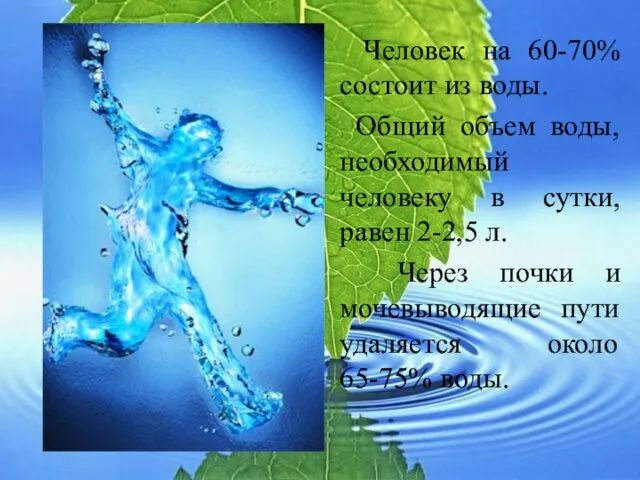 Человек на 60-70% состоит из воды. Общий объем воды, необходимый человеку в сутки,