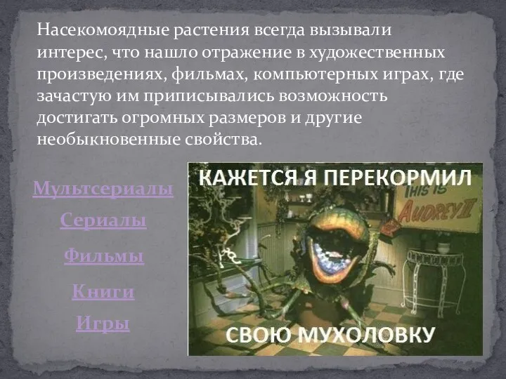 Насекомоядные растения всегда вызывали интерес, что нашло отражение в художественных