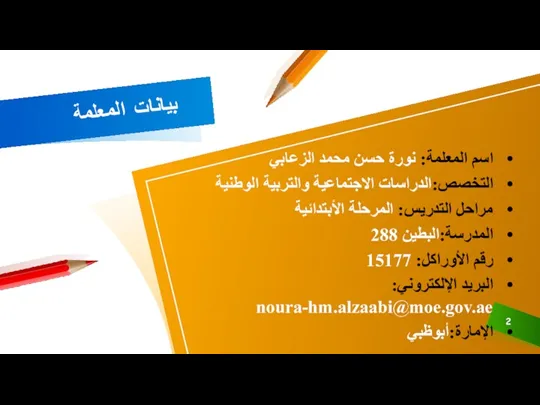 بيانات المعلمة اسم المعلمة: نورة حسن محمد الزعابي التخصص:الدراسات الاجتماعية والتربية الوطنية مراحل
